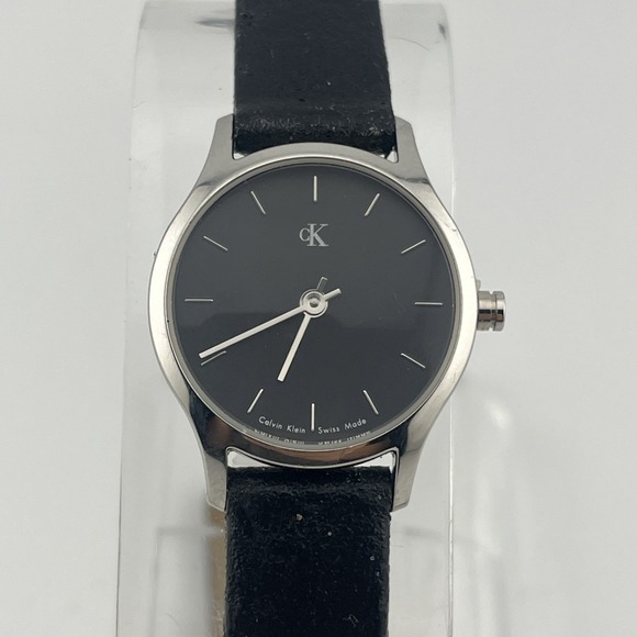 Calvin Klein Swiss Watch Women 24mm Silver Case Black Leather Band- New Battery - Picture 1 of 9